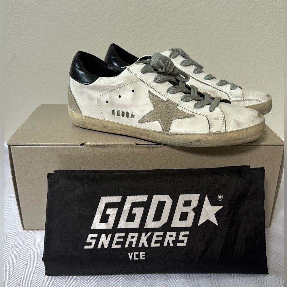 Golden Goose Superstar Sneakers White/Black with Metal Stud Lettering, Size 37